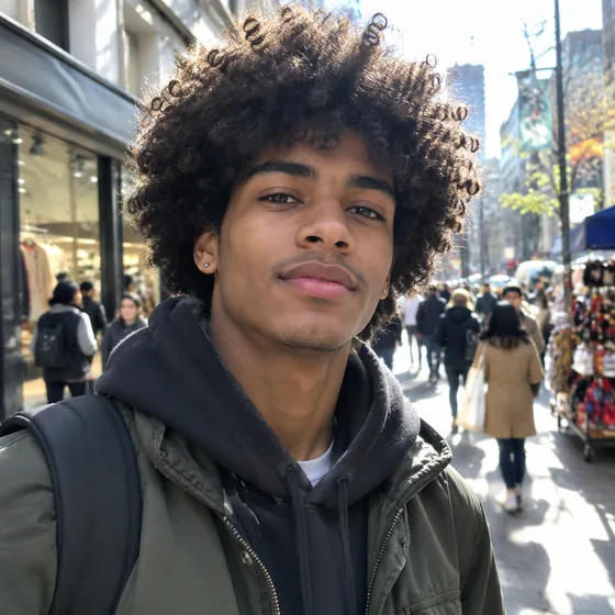 人混みの街角で、カールした髪 — 元画像