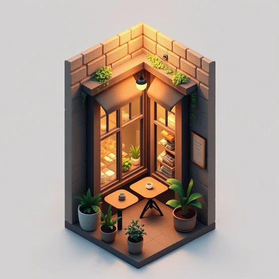 Isometric 3D illustration of a tiny corner coffee shop at night, warm window light, soft clay render