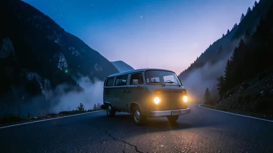Cinematic film still, a vintage camper van on an empty mountain road at blue hour, headlights on, fog in the valley