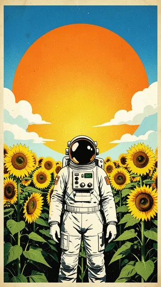 Retro travel poster style illustration, an astronaut standing in a sunflower field under a huge orange sun